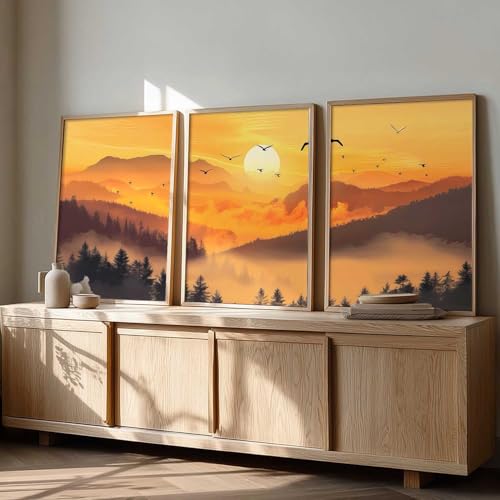 Image of kotart Big Aesthetic Sunset View Wall Art Paintings | Mountains Landscape Framed Painting | Vastu Frames for Living Room Bedroom Wall Decor Set Of 3 (13X17 inch)
