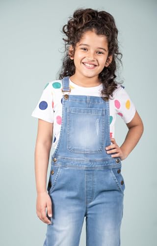 Image of Tweeny Mini Girls Pure Cotton Denim Dungaree for Kids | Relaxed Fit Full Length Overall Outfit with Pockets | Adjustable Straps