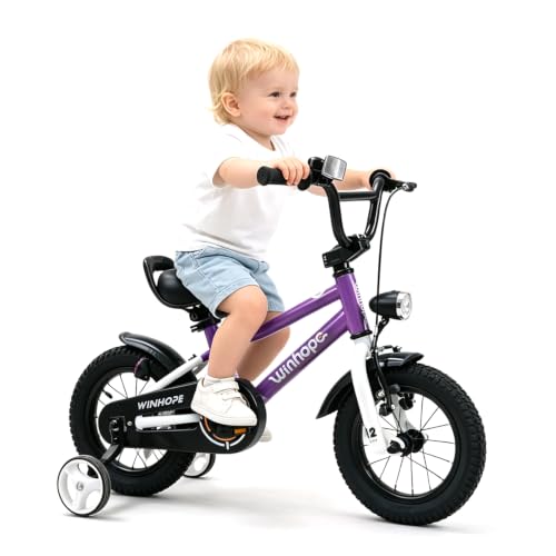 Image of WinHope Kids Bike with Headlight, 12-20 Inch Pedal Bike for 2-12 Boys Girls | Steel Frame with Training Wheels Water Bottle | Dual Brake for Summer Outdoor Riding | Birthday Gift for Toddlers