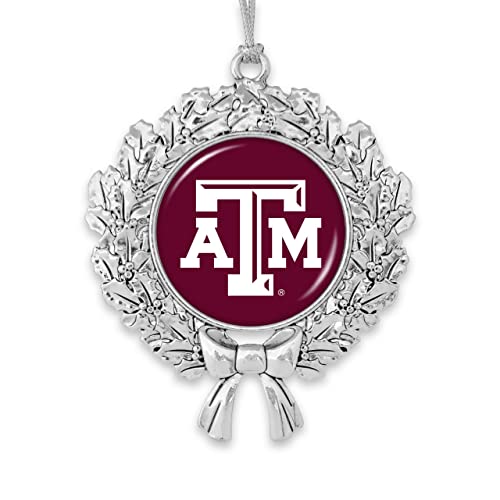 From the Heart Enterprises Texas A&M Wreath with Team Logo Silver Metal Christmas Ornament Gift Tree Decoration TAMU