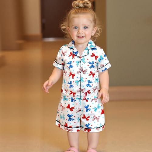 fyclemt Toddler Baby Girl Boy 4th of July Silk Pajama Set Feather Trim Short Sleeve Shirt Pajama Shorts Sleepwear Nightgown2