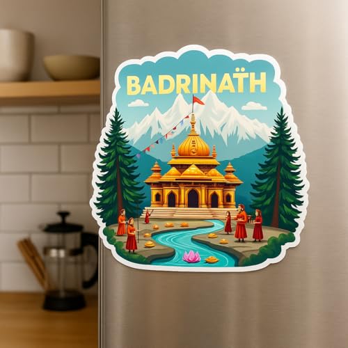 Image of Naxon Badrinath Temple Theme Souvenir Wooden Fridge Magnet for Refrigerator - Printed Fridge Magnet for Kitchen & Home Decor | Perfect Souvenir Gift | Size 3x3 in | Pack of 1