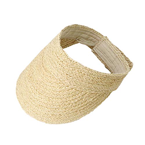 GHBOTTOM - Sombrero de rafia para mujer hecho a mano con paja y visera de sol vacía de ala ancha con protección UV, ajustable, plegable, color beige
