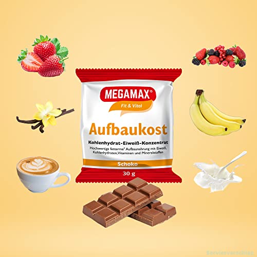 MEGAMAX Aufbaukost in 4 verschiedenen Geschmacksrichtungen. Ideal zur Kräftigung und bei Untergewicht. Pulver zur einfachen Zubereitung eines fettarmen Kohlenhydrat-Eiweiß-Getränkes.