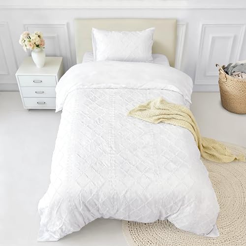 Image of Mejoroom White Boho Twin Duvet Cover - Boho Bedding - Soft and Breathable Tufted Comforter Cover with Zipper Closure, 2Pieces, 1 Duvet Cover (68 inchx90 inch) and 1 Pillow case(20 inchx26 inch)