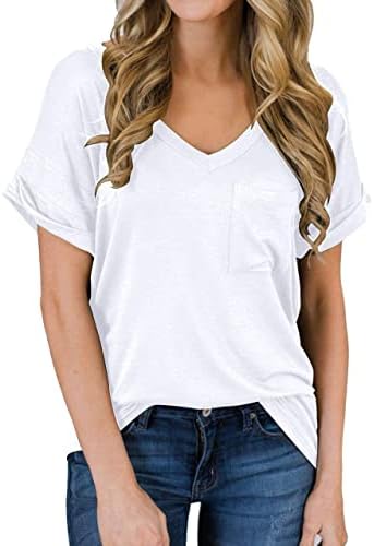 MIHOLL Women's Short Sleeve V-Neck Shirts Loose Casual Tee T-Shirt (White, X-Large)