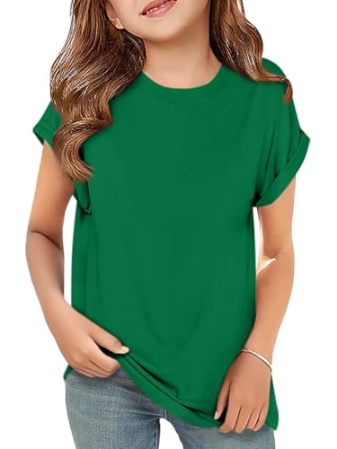 Haloumoning Girls Short Sleeve T-Shirts Kids Summer Crewneck Curve Hem Tunic Tops Soft Tees 5-14 Years Green