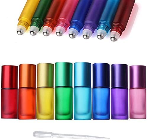 ConStore 8pcs 5ml Colorful Frosted Roll on Bottles Glass Roller Ball for Essential Oils Refillable Massage Roller Bottles with Stainless Steel Ball Empty Containers for Aromatherapy+1pcs Dropper