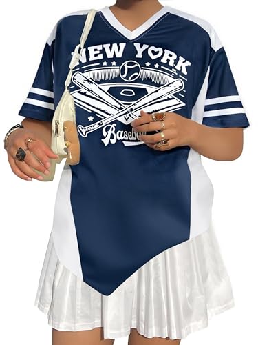Oversized Jersey Shirts for Women V Neck New York Baseball Jersey Baseball Game Day Outfits Blue