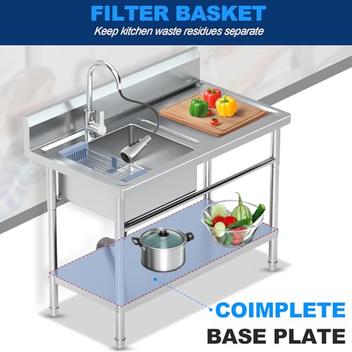 Image of Stainless Steel Utility Sink Freestanding Single Bowl Laundry Sink with 360 Swivel Pull-Out Sprayer Faucet, Hot and Cold Water Plumbing Workbench for Laundry Room Farmhouse