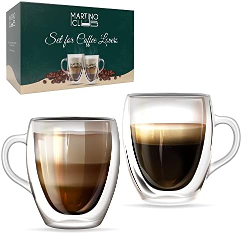 Double Wall Glass Coffee Mugs - Glass Cups with Handle - Insulated Coffee Cups - Clear Coffee Mugs Set of 2 - Glass Cups Set 11 oz Designed in the USA