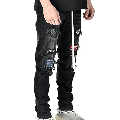 Generic Men's Vintage Ripped Patch Jeans Printed Pattern Skinny Biker Denim Pants Hip Hop Skinny Check Patchwork Jean Trousers (Black,Small)4