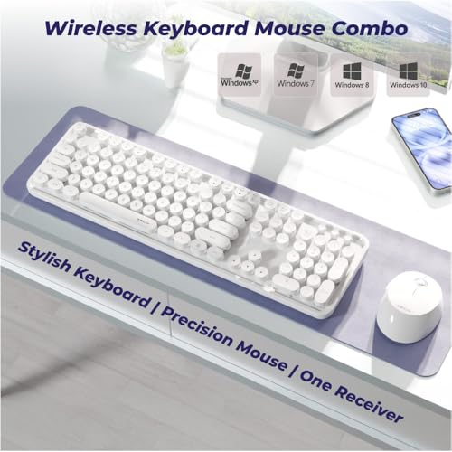 Image of XECH Wireless Keyboard Mouse Combo for Laptop & PC, Typewriter Retro Round Keys, Single Nano USB Receiver, Full Size 104 Keys, 2.4GHz Plug & Play, Birthday Gifts for Men, Husband (Keypop, White)