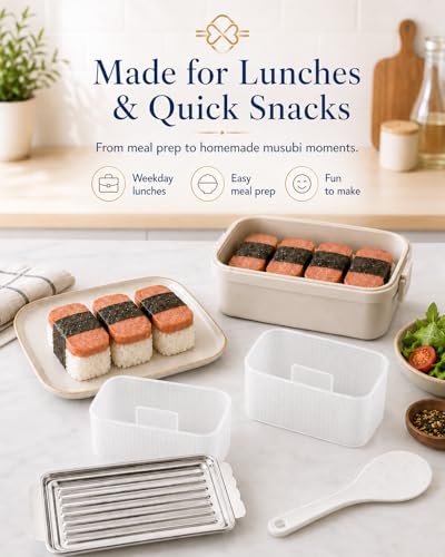 Image of Musubi Press Mold, 2 Pack Musubi Mold Kit with 304 Stainless Steel SPAM Luncheon Meat Slicer & Rice Paddle, Musubi Maker for Hawaiian Spam Musubi, Bento Sushi Rice Press Mold