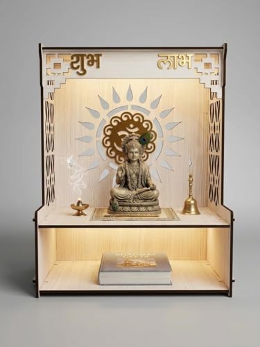 Image of Beautiful Wooden Pooja Stand for Home, Temple, Office, Wall Mounted Puja Mandir with LED Spot Light Size (L- 29 CM, W- 25 CM, H - 37.5 CM)