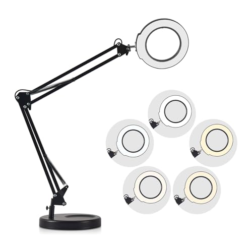 Dioche Lámpara de Mesa Flexible con Abrazadera y Lupa de 5 aumentos: Luz de Escritorio LED Regulable, 5 Modos de Color y Niveles de Brillo para Leer, Trabajar Estudiar