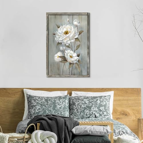 Modern Floral Framed Wall Art: Rustic White Flower Oil Painting Abstract Botanical Picture Vintage Blossom Wood Prints Artwork for Living Room Bedroom Farmhouse - Image 4