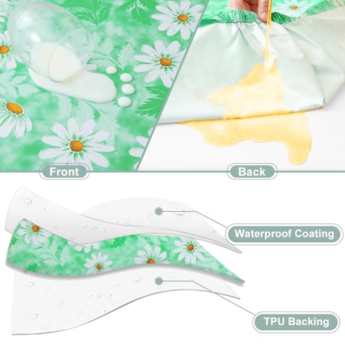 Image of misaya Picnic Table Cover with Bench Cover, Waterproof Elastic Fitted Tablecloth for 8 Foot Tables, Rectangle Washable Polyester Tablecloths for Picnic, Camping, Outdoor (Green Daisy, 30 inch x 96 inch)