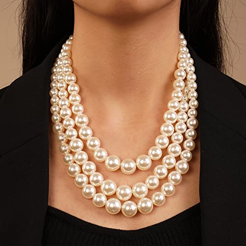 Chargances 3 Layered Beaded Strand Choker Pearl Statement Necklace And Earrings Set Round Ball Chunky Bib Collar For Women Girls Gift Festival Party (White) #TOP25