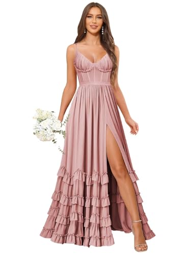 OFEYCHUN Ruffle Bridesmaid Dresses for Women Long Chiffon Spaghetti Straps Formal Prom Dress with Slit