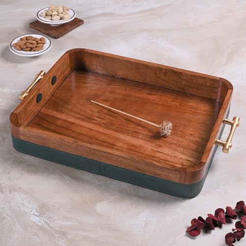 Image of Wooden Tray & Cutlery Holder Combo - Premium Leather Tray & Utensil Organizer, Elegant Dining Table Spoon Stand, Office Desk Storage, Leather-Fabric, Stylish & Functional