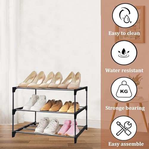 Image of Metal Shoe Rack Organizer Adjustable Storage Shelf for Entryway, Closet, Bedroom Space Saving Design, Durable Metal Frame, Black (3 Tier)