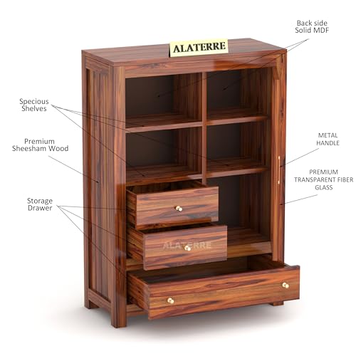 Image of Wood Book Shelf with Glass Door with Storage | Wooden Book Shelf for Home Library with Drawer | Home Office Living Room, Kitchen Crockery Storage Cabinet |, Honey Finish