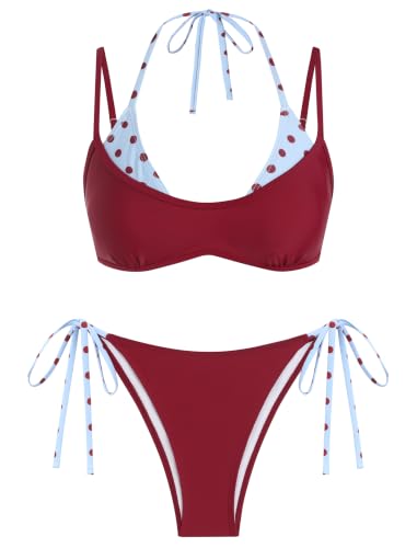 Image of ZAFUL Women's Polka Dots Bikini Set Double Layer Halter 2 Piece Swimsuit