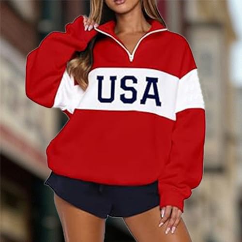 Pull polaire décontracté à demi-zip femme avec drapeau national chaud