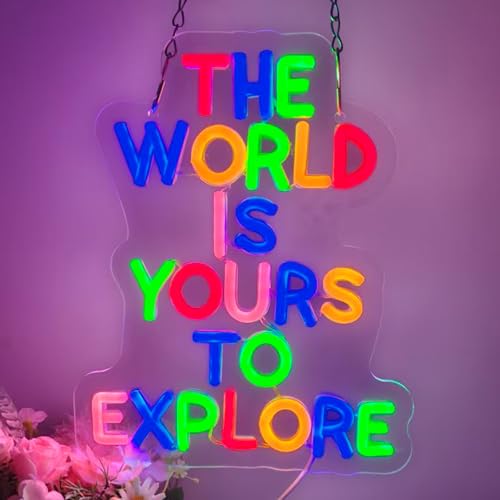 Image of The World Is Yours To Explore LED Neon Sign, Inspirational Travel Quote Neon Lights for Wall Decor, Classroom, Bedroom, Office, Study Room, Adventure, Party, Gifts for Travelers and Students