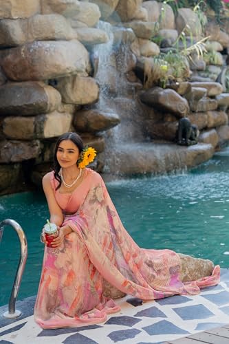 Image of MIRCHI FASHION Women Saree Floral Print Chiffon | Lightweight Festive Occasion Sari for Farewell and Functions with Unstitched Blouse Piece