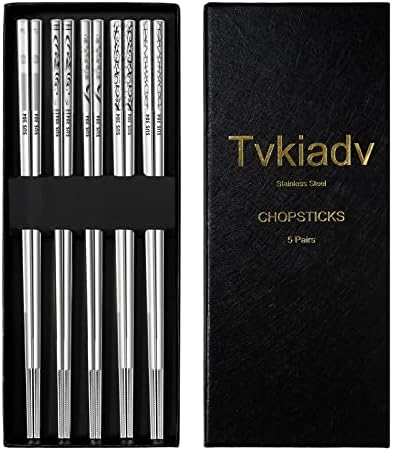 Tvkiadv Metal Chopsticks 5 Pairs Stainless Steel Reusable Chopsticks Laser Engraved Square Lightweight Non-Slip Chop Sticks Gift Set Dishwasher Safe for Cooking