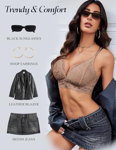 Image of Avidlove Bras for Women Floral Lace Bralettes Deep V Sexy Bras Cross Back Longline Bralette No Padded