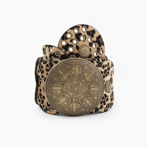 Women Boho Disc Belt Vintage Leopard Print Round Wide Leather Concho Waist Belt 90s Western Waistband for Dress Jeans Pants Blouse Tshirt3
