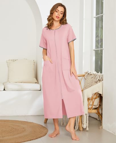 Image of Ekouaer Women Robe Zipper Short Sleeves Full Length House Coat with Pockets