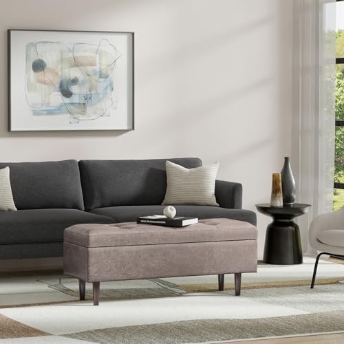 SIMPLIHOME Shay 48 inch Wide Mid Century Modern Rectangular Storage Ottoman in Distressed Grey Taupe Vegan Faux Leather, Assembled, for The Living Room, Entryway and Family Room