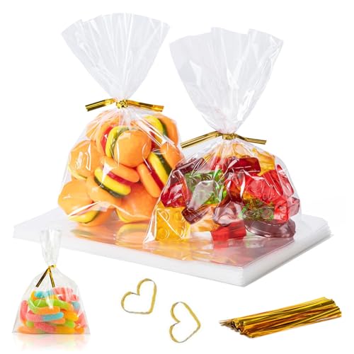 100 Pcs Cellophane Bags with Colorful Twist Ties 4x6 in Transparent Cookies Bags Gift Goodie Treat Biscuit Candy Chocolate Gift Soap Party Favor Supplies