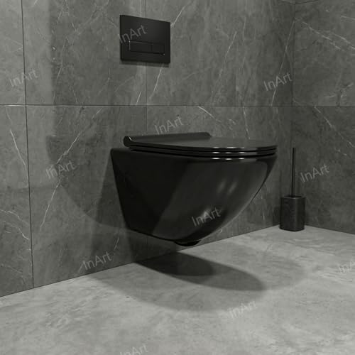 Image of InArt Ceramic Rimless Wall Hung Western Toilet /Commode - P Trap, Glossy Ceramic Round Rimless Toilet WC with Soft Close Seat, Modern Wall Mounted 365mm x 520mm x 360mm Black Color