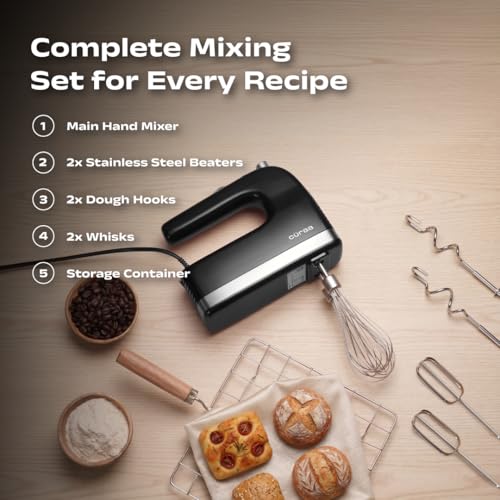 Image of Curaa Hand Mixer 300 Watts for Baking | 5 Speed Control with Turbo Mode | Electric Egg Beater with Whisk & Dough Hooks | Handheld Mixer for Cake, Cream, Dough, Buttermilk & Whipping | Black