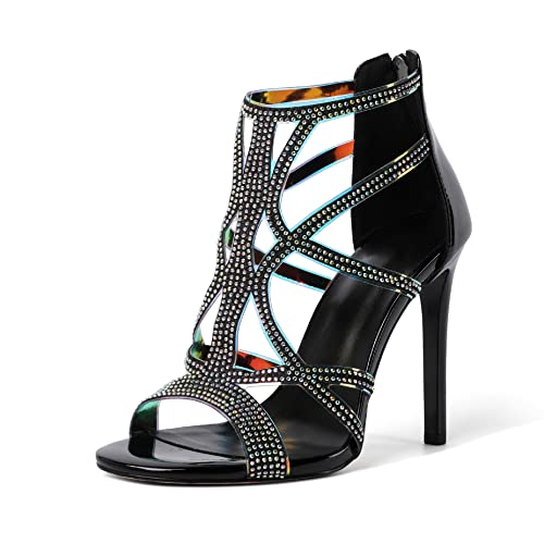 Zamikoo Women's High Heel Sandals, Open Toe Woman Sandals Rhinestone, Cutout Strappy Gladiator Heels, Sparkly Stiletto Heels Pumps Shoes for Dress Party Evening 4 Inch