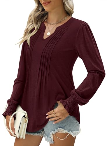 BETTE BOUTIK Long Sleeve Shirts for Women Fall Tops Dressy Blouses Pleated V Neck Tunic Tops for Leggings S-3XL