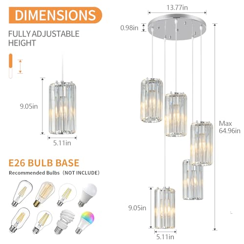 Image of Chrome Pendant Lighting Modern Pendant Light, Mini Crystal Chandeliers,Adjustable Pendant Light Fixture for Kitchen Island Dinning Room Corridor Bedroom(Chrome 5-Light)