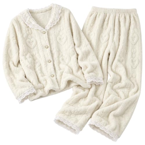 WWPPAION Winter Pajamas For Women Set Fleece 2 Piece Outfits Cute Sleepwear Soft Warm Fuzzy Fluffy Solid Sleepwear Pant Suit White — view 5
