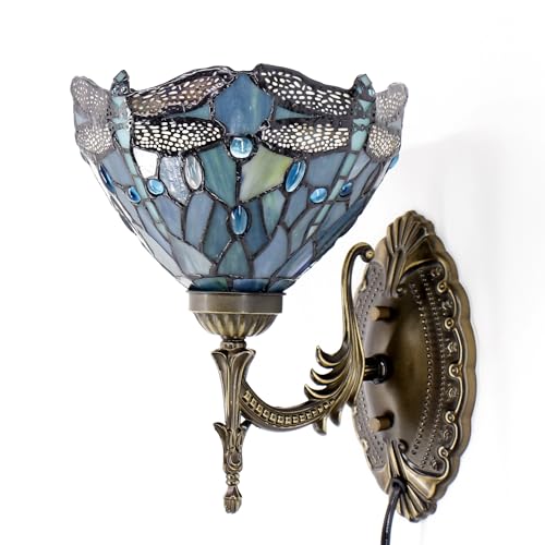 Image of Tiffany Wall Sconce Lamp Stained Glass 8X10.5X11 Inch Plug in Wall Bedside Light for Hallway Bedroom (Sea Blue Dragonfly Style)