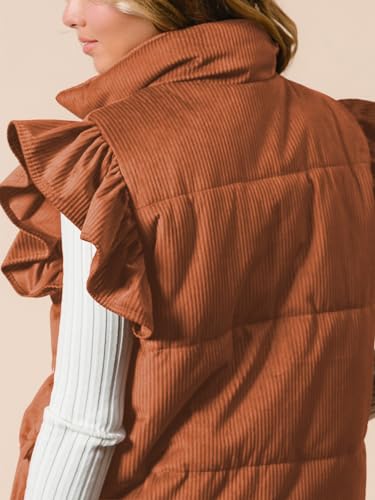 Womens Corduroy Puffer Vest Ruffle Sleeve Winter Snap Button Coats Padded Gilet with Flap Pockets2