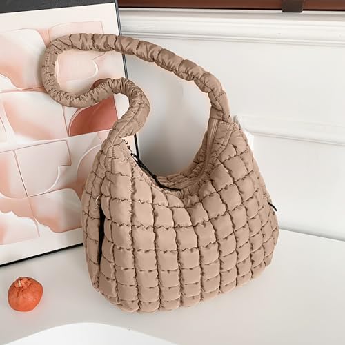 Image of Puffer Tote Bag for Women Large Quilted Tote Bag with Zipper Nylon Lightweight Hobo Handbag Padding Shoulder Purse (Khaki)