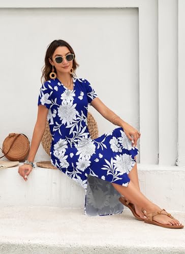 Image of MISFAY Womens Maxi Dress Short Sleeve V Neck Loose with Pockets | Soft stretchy breathable, v neck loose fit, side split hem, two side pockets, casual daily beach vacation travel dress