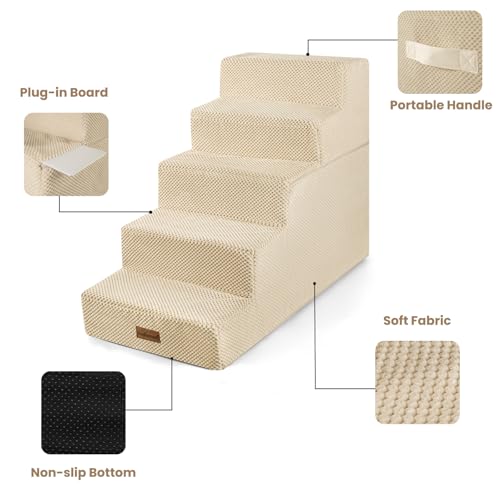 Image of Aodisman Dog Stairs for High Beds 22.6 inch H, 5-Step Pet Steps for Small Dogs | Indoor Non-Slip Pet Stairs with Carry Handle for Puppies, Senior Cats & Short-Legged Dogs to Reach High Beds & Window Sills