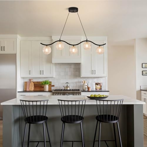 Image of Modern Linear Globe Chandelier Black 5-Lights Dining Room Chandeliers Over Table Mid Century Linear Chandelier Adjustable Height Clear Glass Globe Pendant Light for Farmhouse Kitchen Island