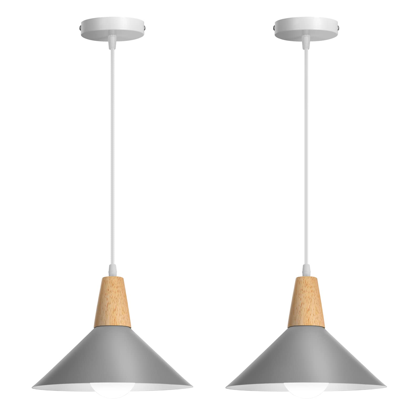 LIGKIN 2 Piezas Lámpara Colgante Industrial Moderna Ø25cm Pantalla Metal Madera Lámpara de Techo Retro E27 Iluminación para Cocina Comedor Cafetería (Gris)